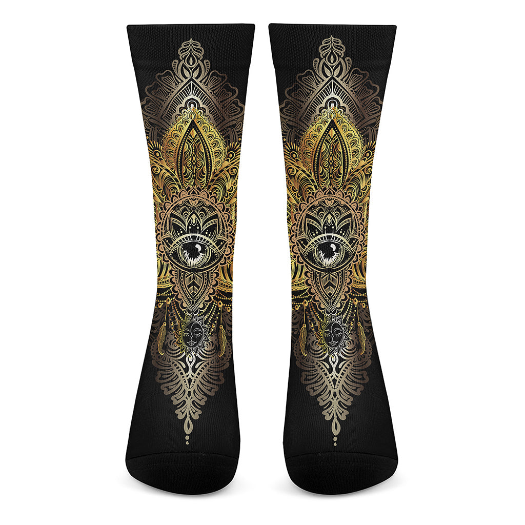 Golden Spiritual Lotus Print Crew Socks