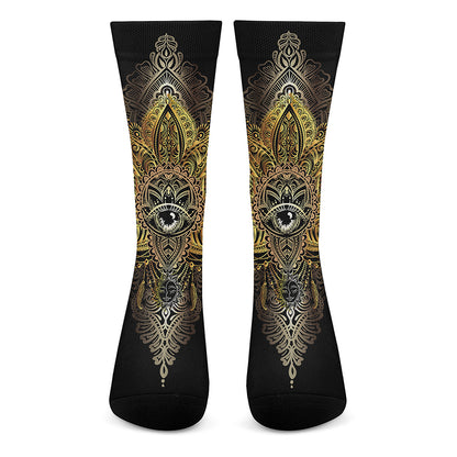 Golden Spiritual Lotus Print Crew Socks