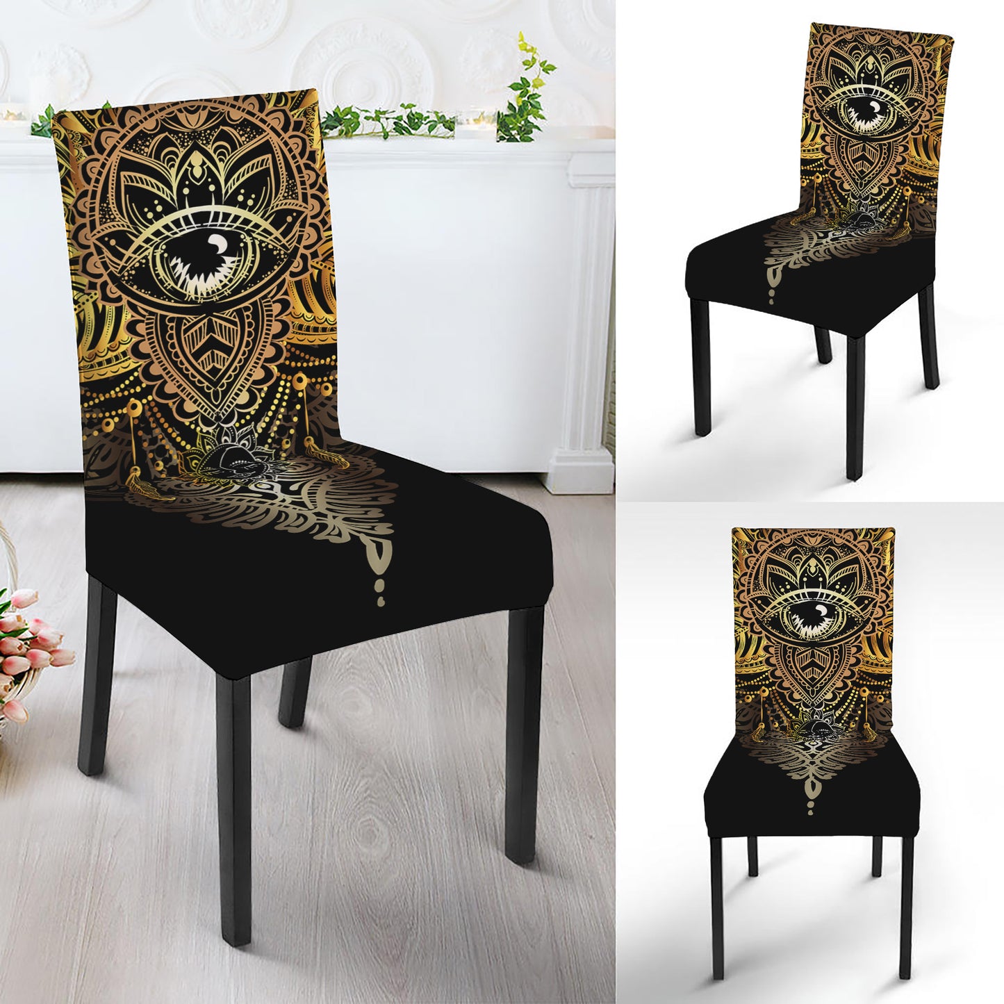 Golden Spiritual Lotus Print Dining Chair Slipcover