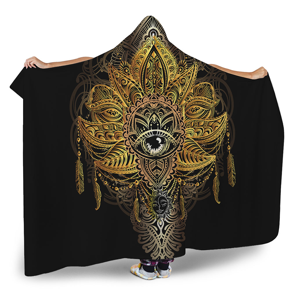 Golden Spiritual Lotus Print Hooded Blanket