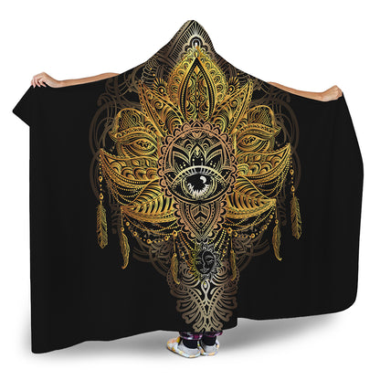 Golden Spiritual Lotus Print Hooded Blanket
