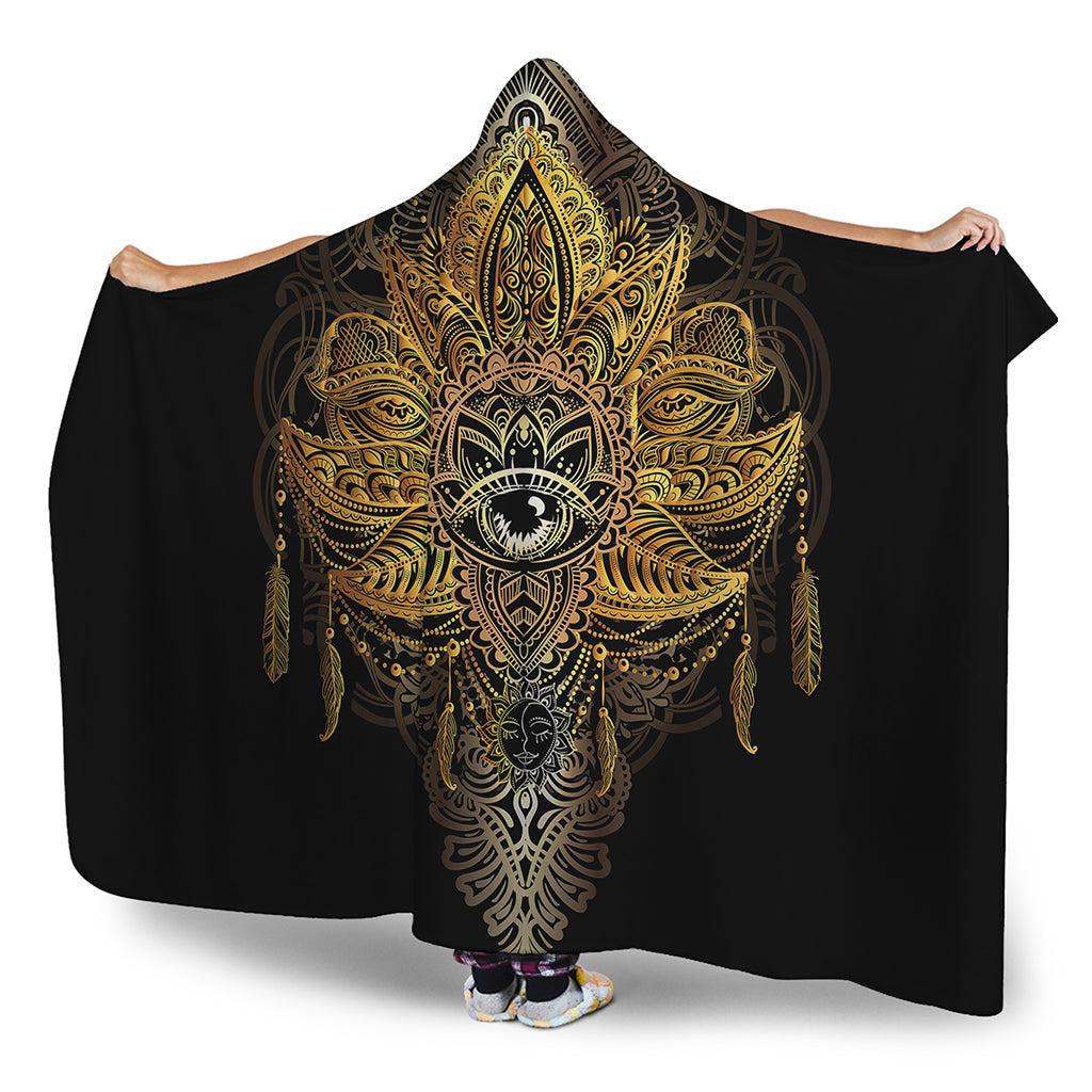 Golden Spiritual Lotus Print Hooded Blanket