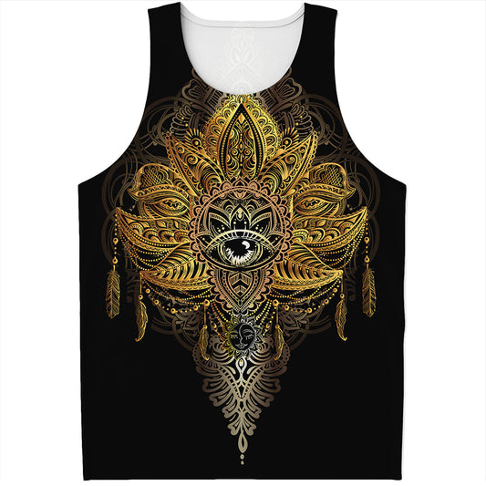 Golden Spiritual Lotus Print Men's Tank Top
