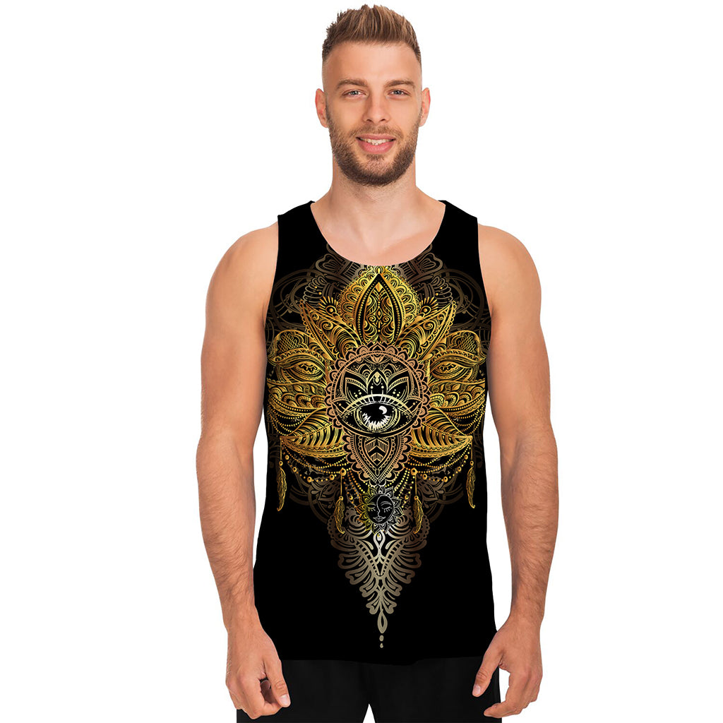 Golden Spiritual Lotus Print Men's Tank Top