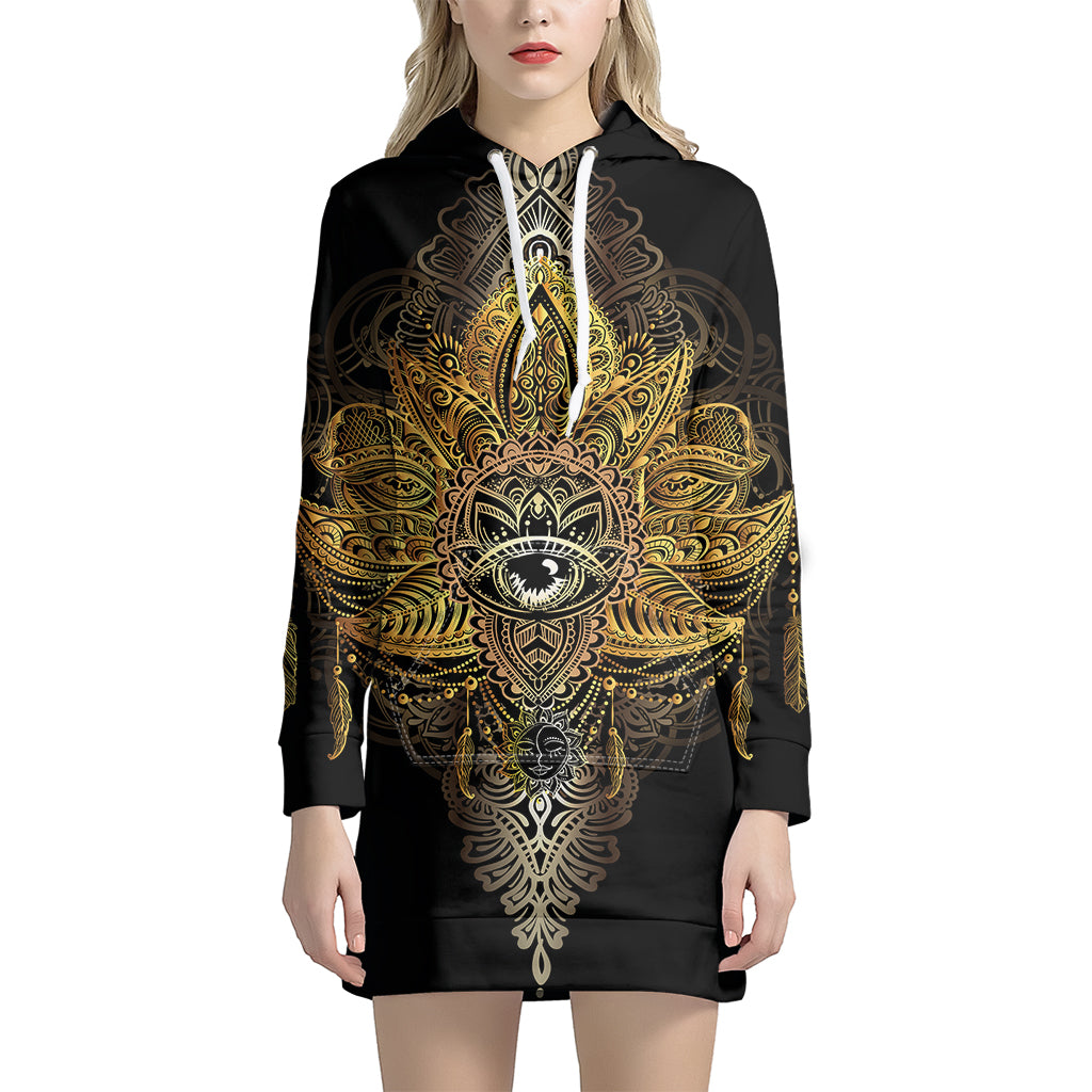 Golden Spiritual Lotus Print Pullover Hoodie Dress