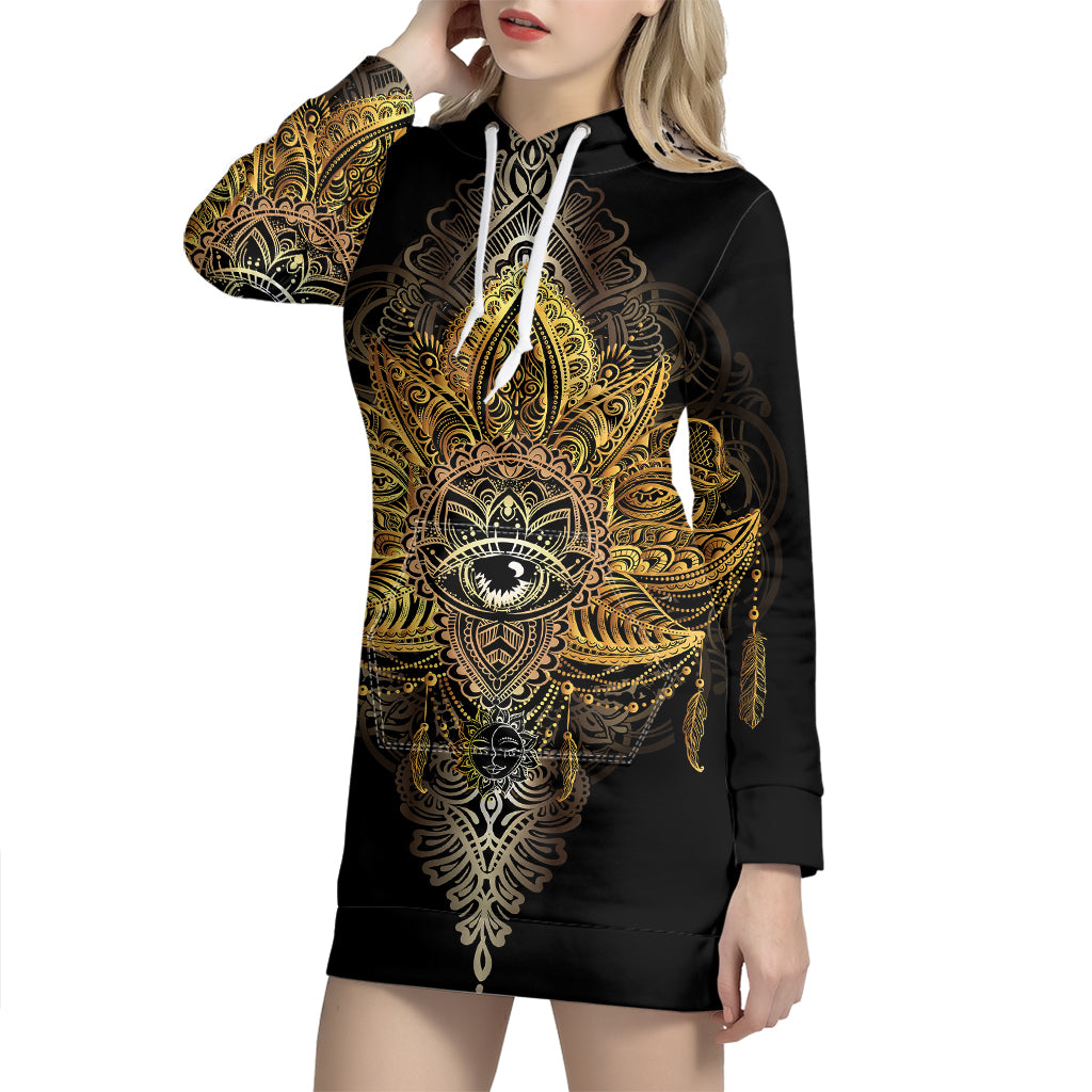 Golden Spiritual Lotus Print Pullover Hoodie Dress