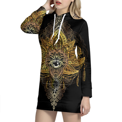 Golden Spiritual Lotus Print Pullover Hoodie Dress