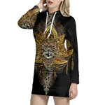 Golden Spiritual Lotus Print Pullover Hoodie Dress