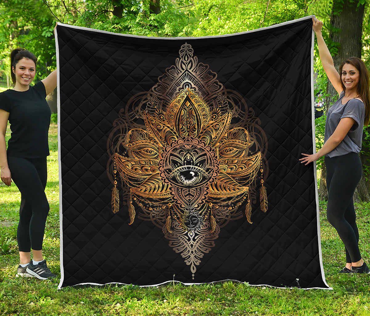 Golden Spiritual Lotus Print Quilt