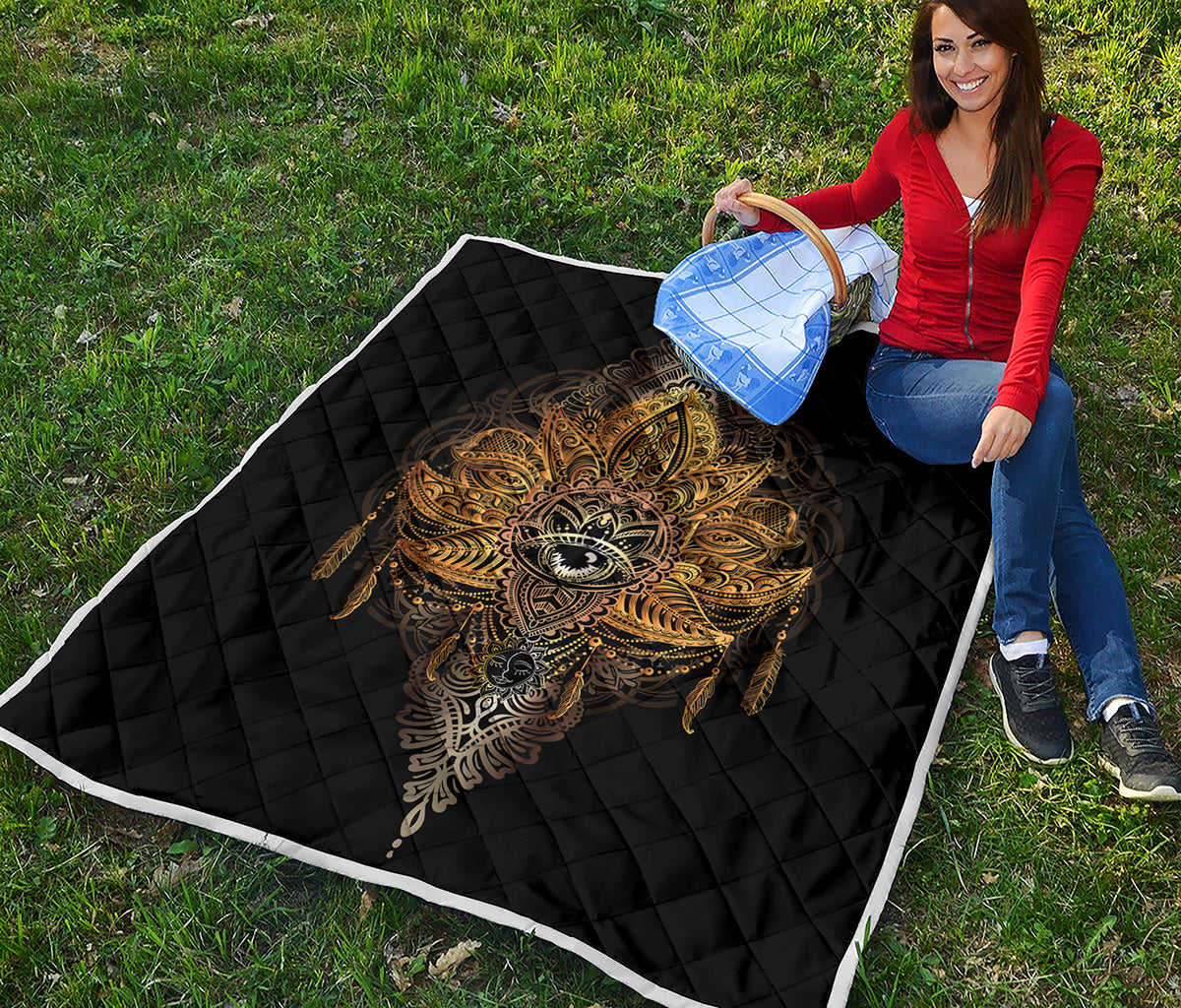 Golden Spiritual Lotus Print Quilt