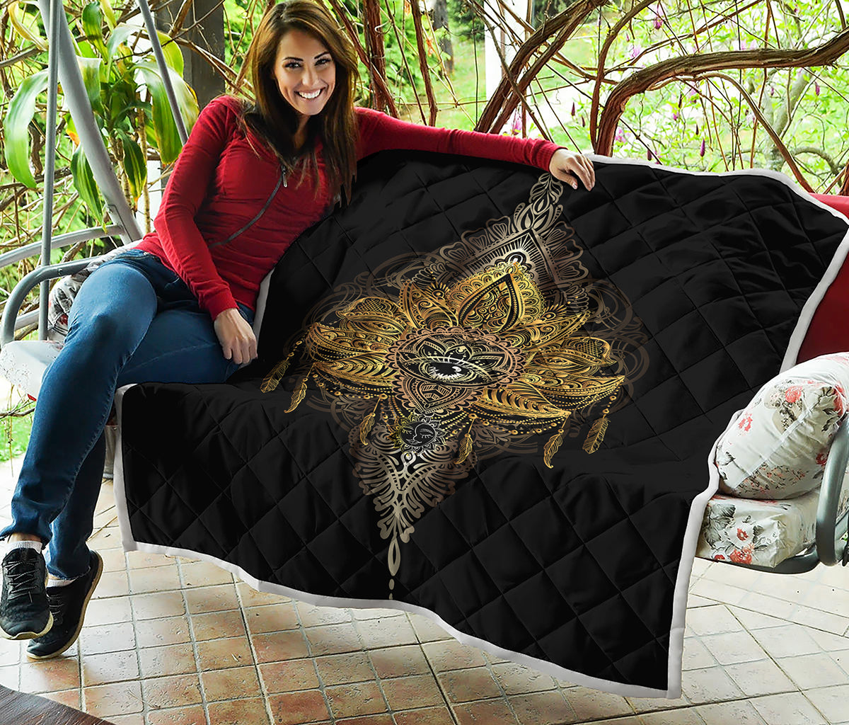 Golden Spiritual Lotus Print Quilt