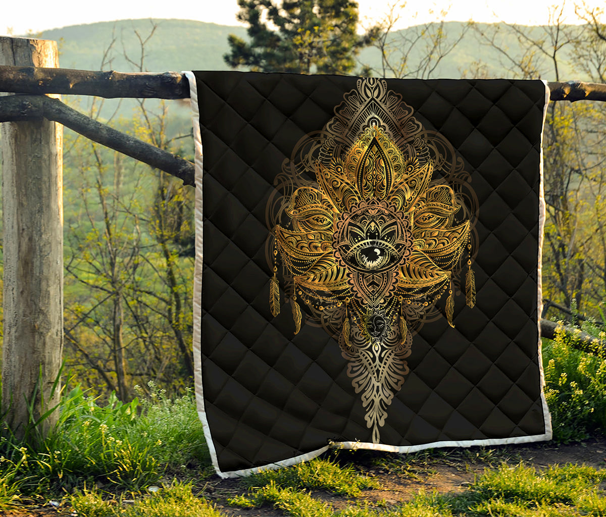 Golden Spiritual Lotus Print Quilt
