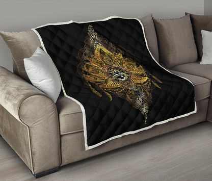 Golden Spiritual Lotus Print Quilt