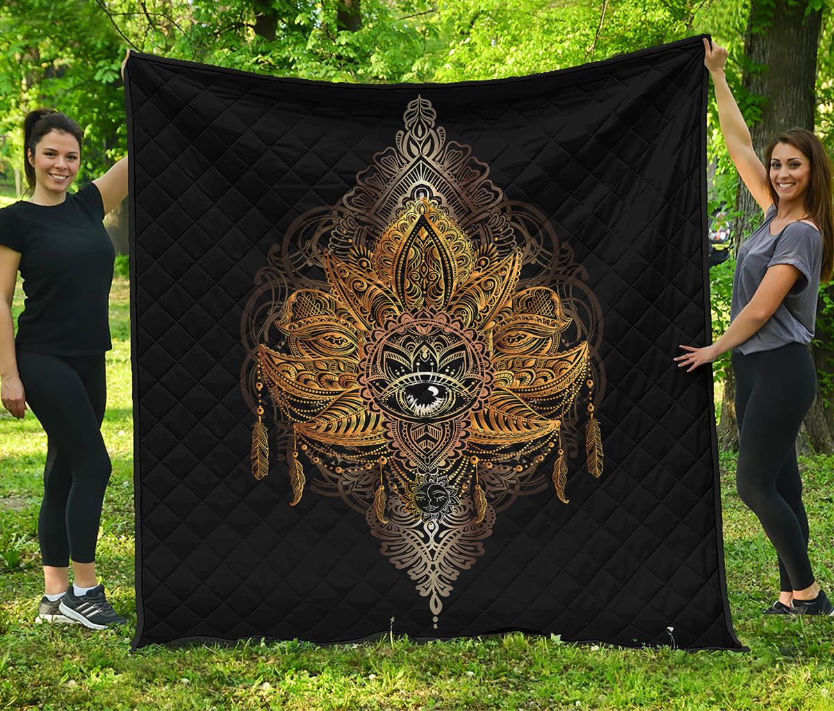 Golden Spiritual Lotus Print Quilt