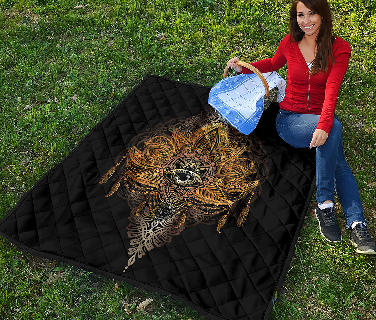 Golden Spiritual Lotus Print Quilt