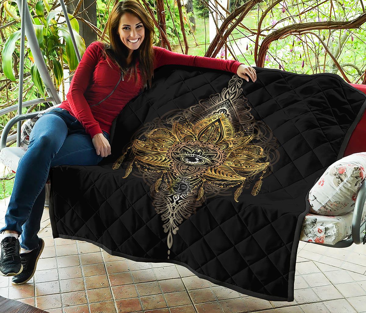 Golden Spiritual Lotus Print Quilt