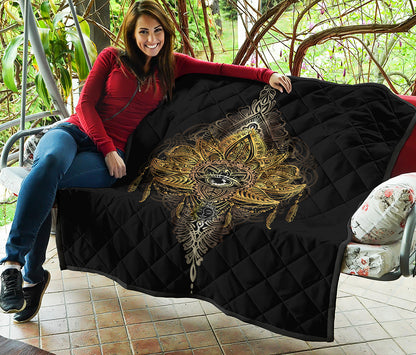 Golden Spiritual Lotus Print Quilt