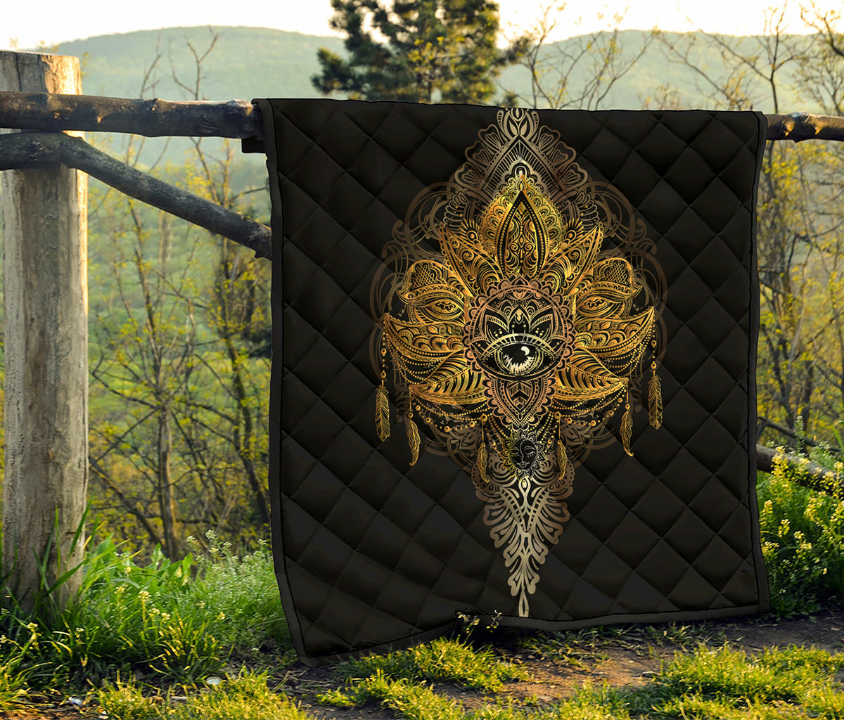 Golden Spiritual Lotus Print Quilt
