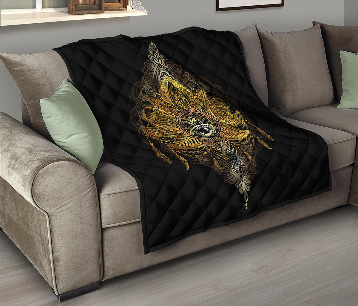 Golden Spiritual Lotus Print Quilt