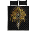 Golden Spiritual Lotus Print Quilt Bed Set