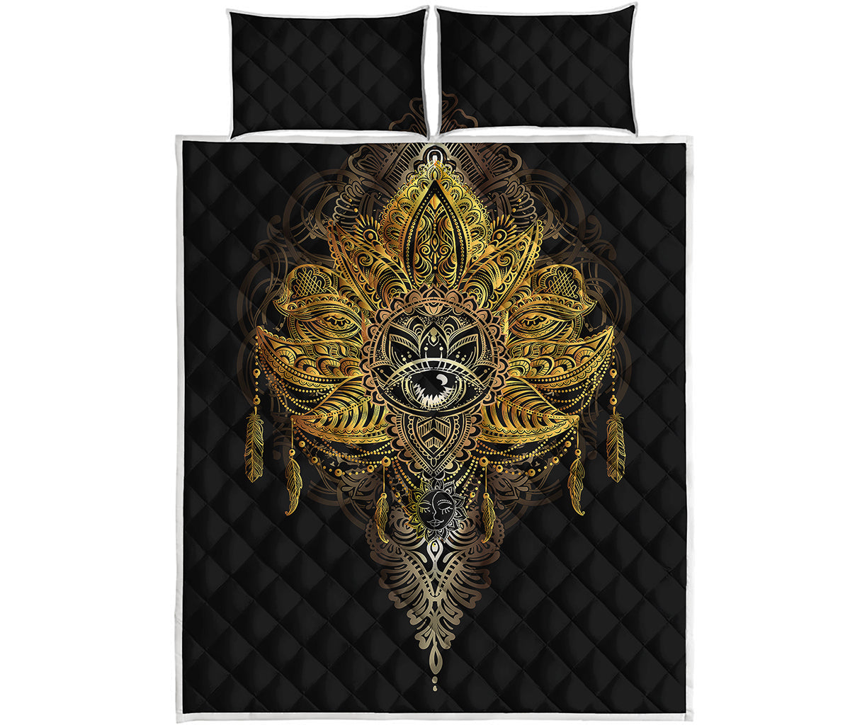 Golden Spiritual Lotus Print Quilt Bed Set