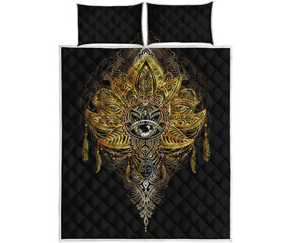 Golden Spiritual Lotus Print Quilt Bed Set