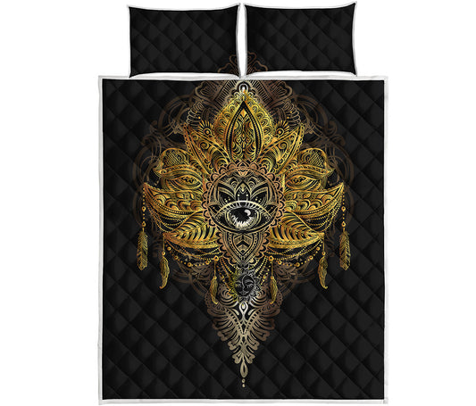 Golden Spiritual Lotus Print Quilt Bed Set