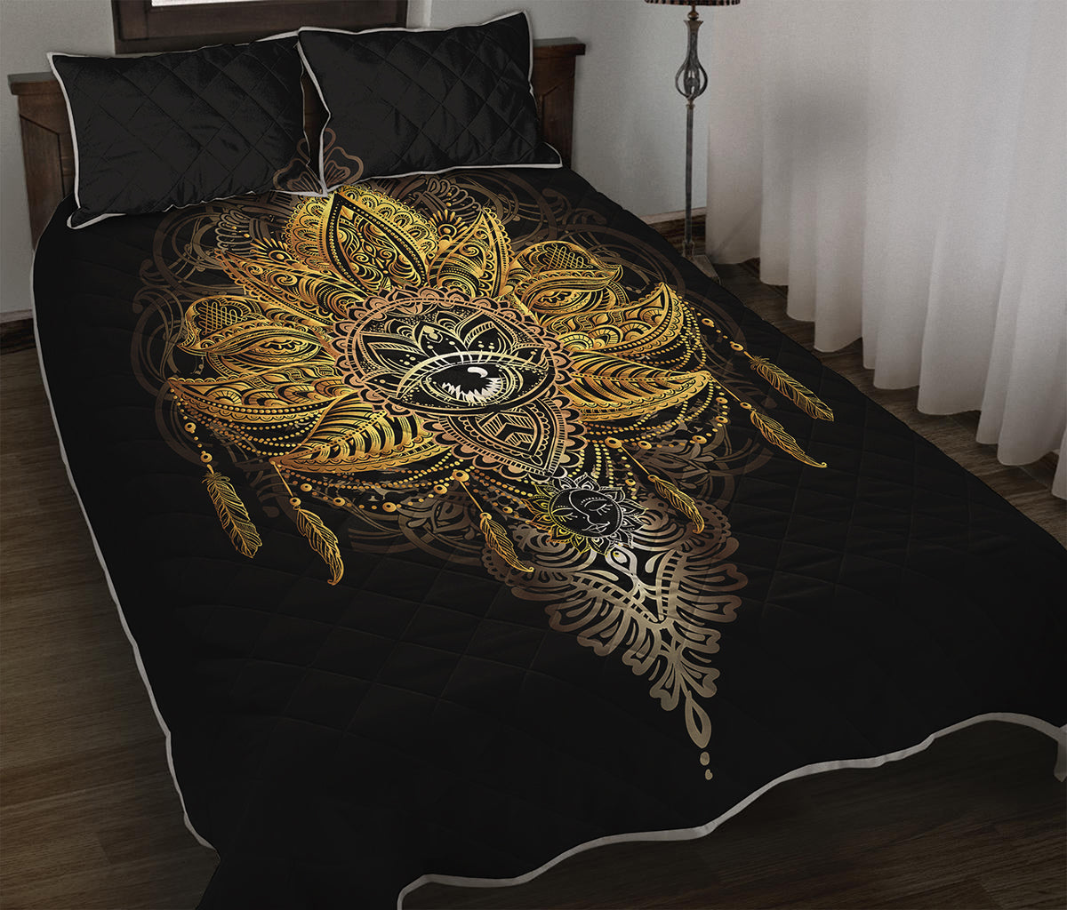 Golden Spiritual Lotus Print Quilt Bed Set