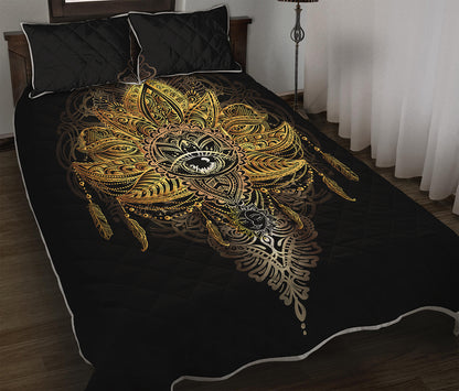 Golden Spiritual Lotus Print Quilt Bed Set