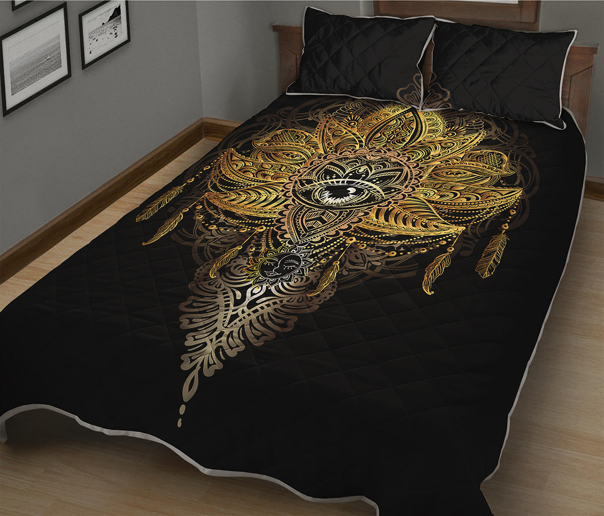Golden Spiritual Lotus Print Quilt Bed Set