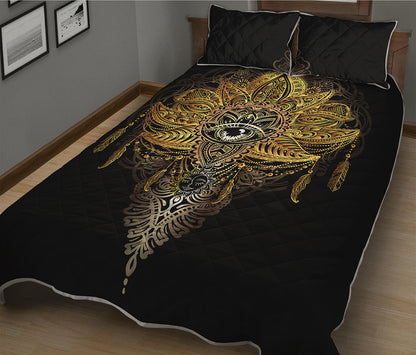 Golden Spiritual Lotus Print Quilt Bed Set