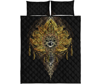 Golden Spiritual Lotus Print Quilt Bed Set