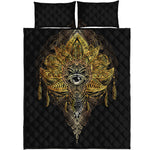 Golden Spiritual Lotus Print Quilt Bed Set