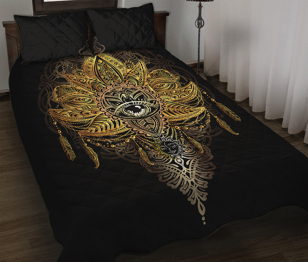 Golden Spiritual Lotus Print Quilt Bed Set