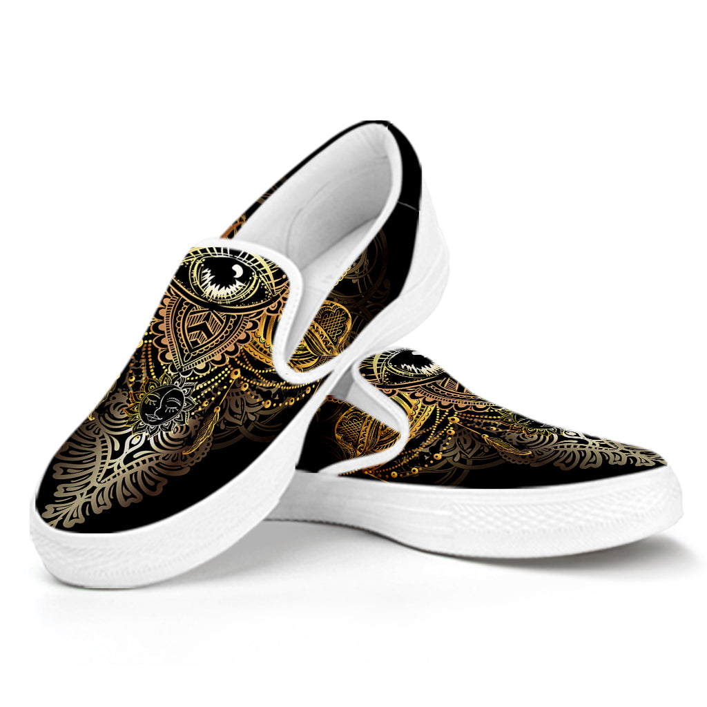 Golden Spiritual Lotus Print White Slip On Shoes