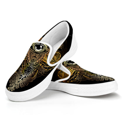 Golden Spiritual Lotus Print White Slip On Shoes