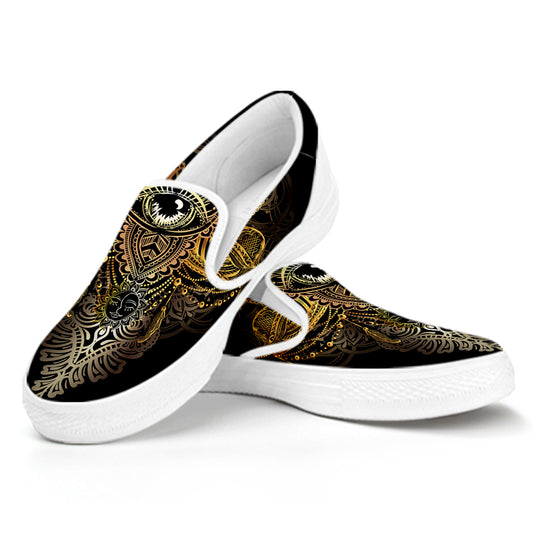 Golden Spiritual Lotus Print White Slip On Shoes
