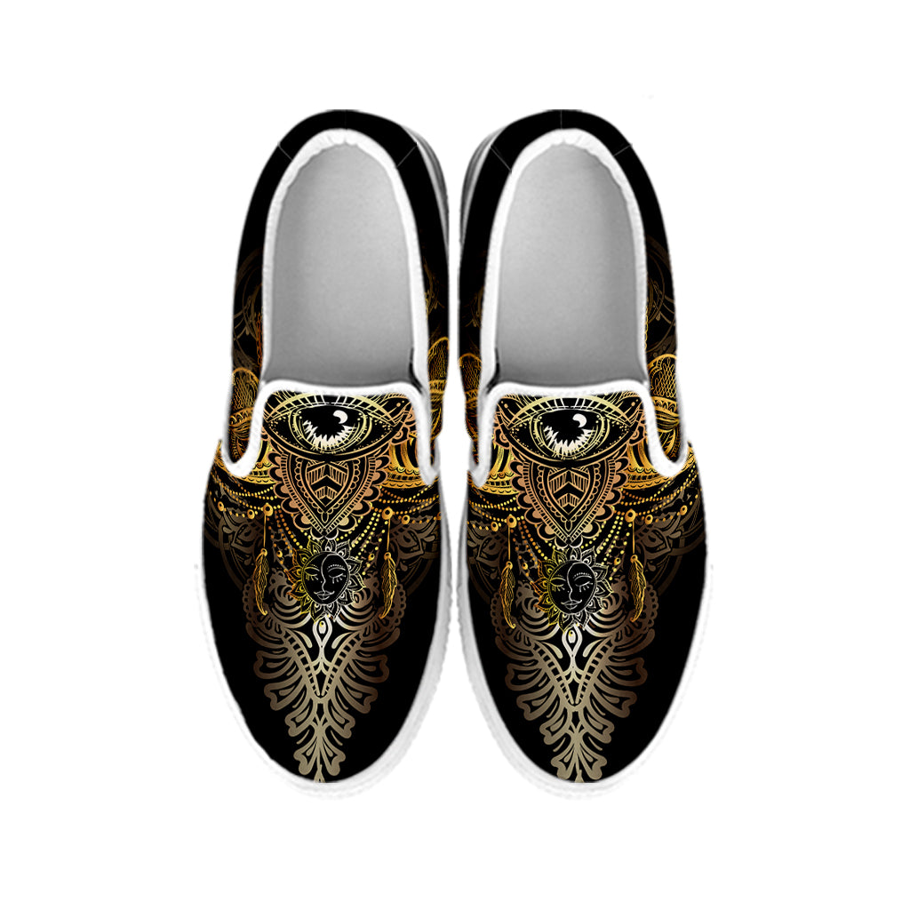 Golden Spiritual Lotus Print White Slip On Shoes