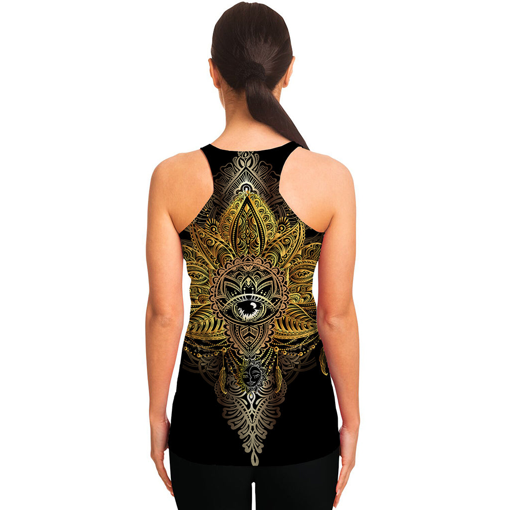Golden Spiritual Lotus Print Women's Racerback Tank Top