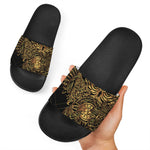 Golden Spiritual Owl Print Black Slide Sandals