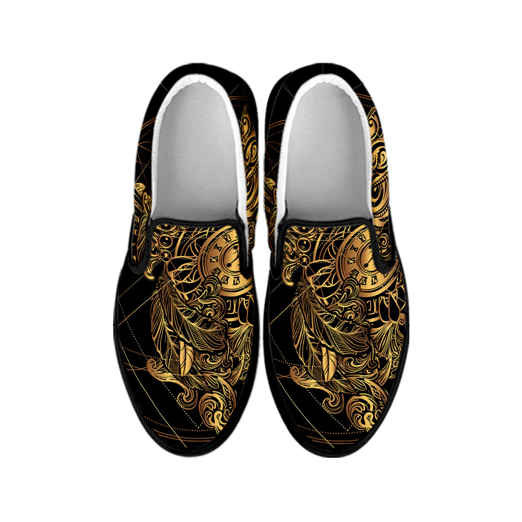 Golden Spiritual Owl Print Black Slip On Shoes