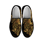 Golden Spiritual Owl Print Black Slip On Shoes