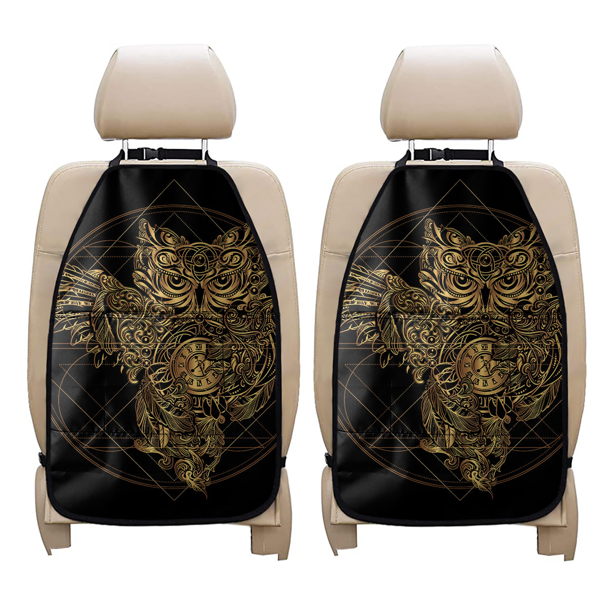 Golden Spiritual Owl Print Car Seat Organizers