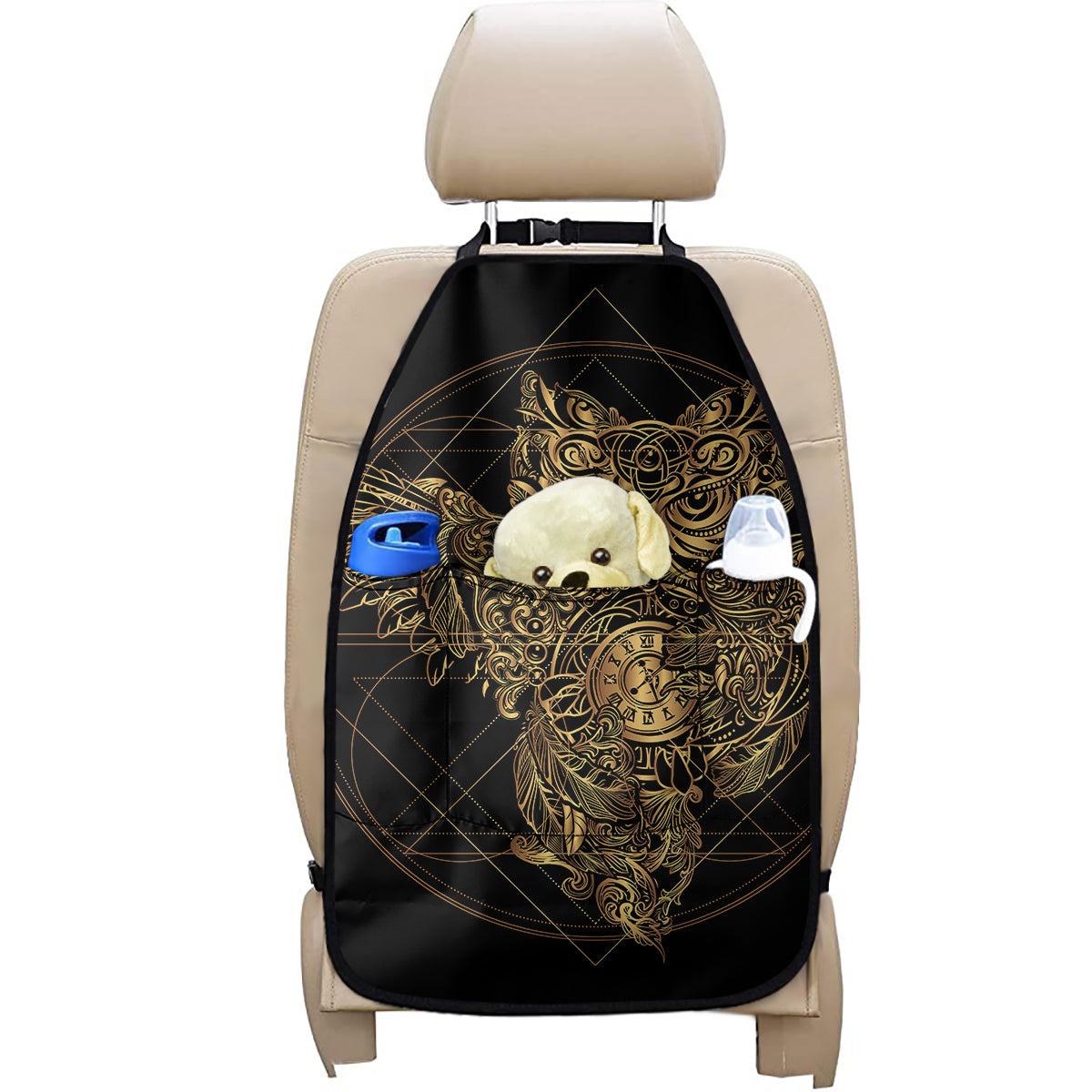 Golden Spiritual Owl Print Car Seat Organizers