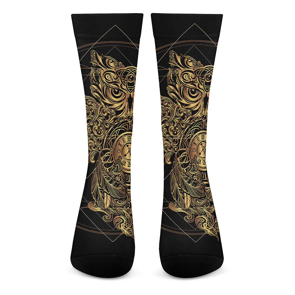 Golden Spiritual Owl Print Crew Socks
