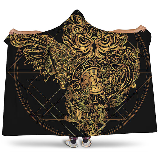 Golden Spiritual Owl Print Hooded Blanket