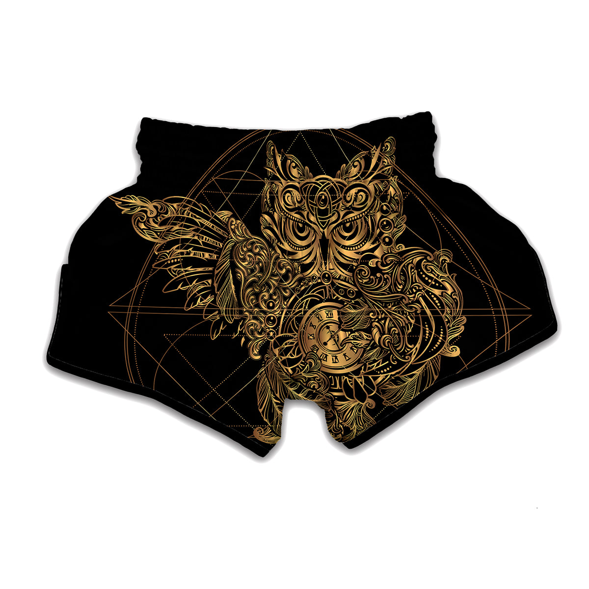 Golden Spiritual Owl Print Muay Thai Boxing Shorts