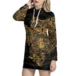 Golden Spiritual Owl Print Pullover Hoodie Dress