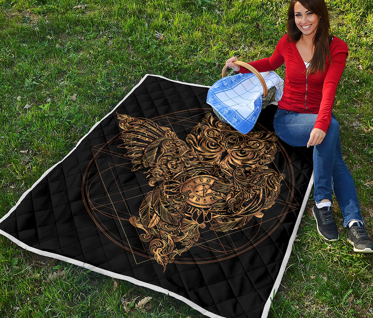 Golden Spiritual Owl Print Quilt