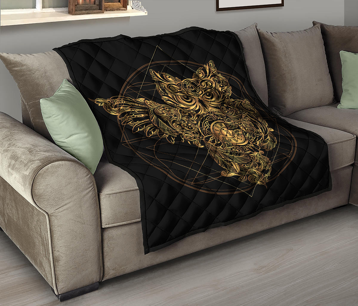 Golden Spiritual Owl Print Quilt